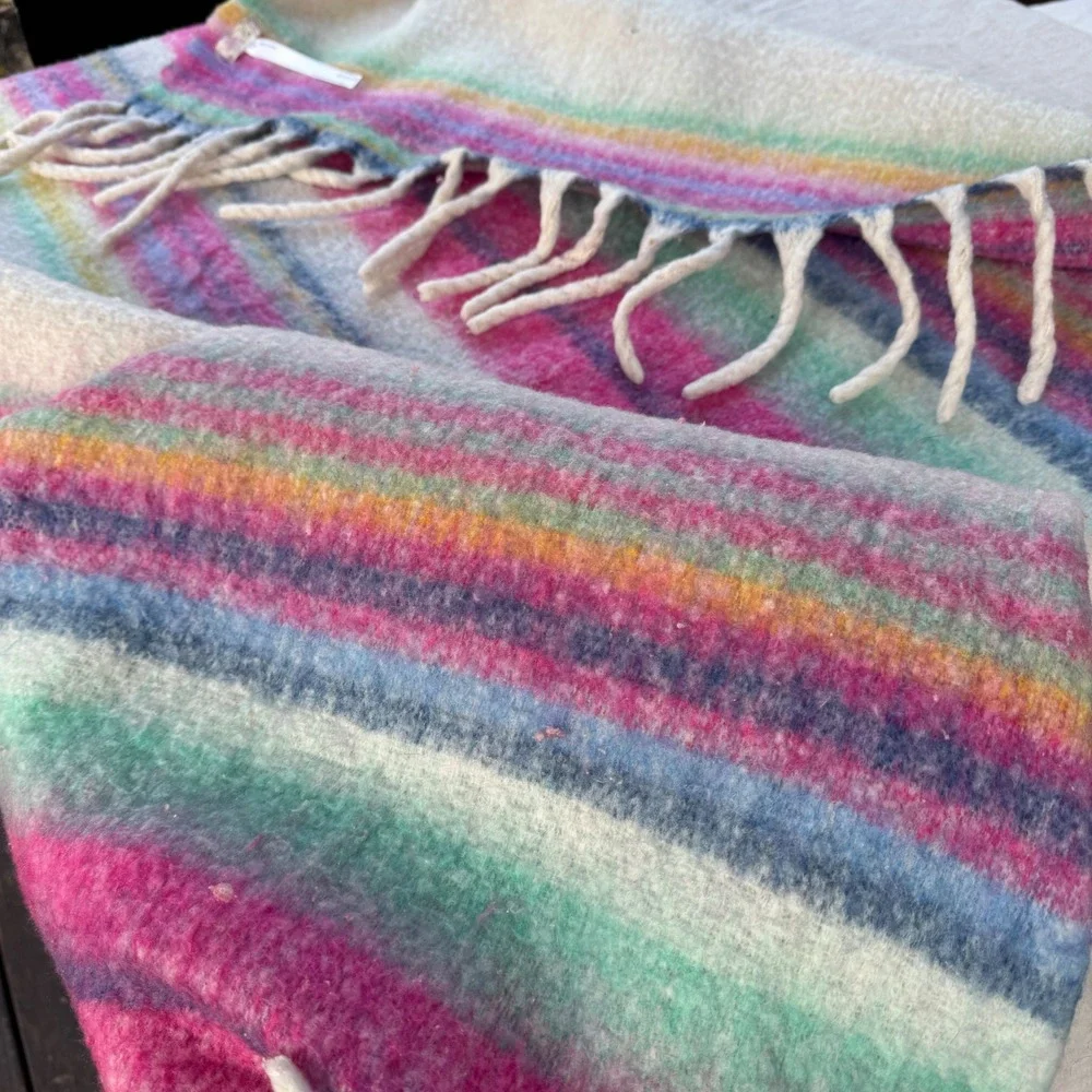 Free People Oversized Scarf Rainbow Stripe Pink Blue Boho Fringe Blanket Wrap
